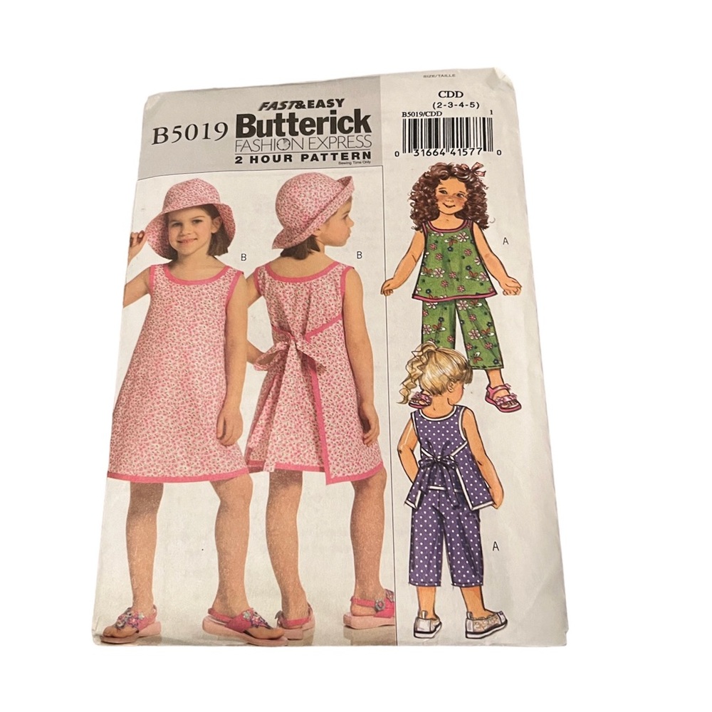 Vintage Butterick B5019 Girls Wrap Around Top Dress Pants Hat Size 2-5 - Uncut